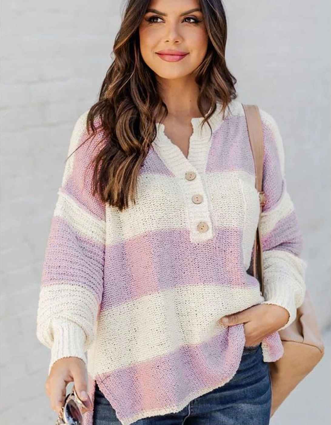 Pink Striped Knit Button Ribbed Split Neck Sweater