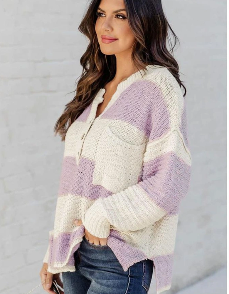 Pink Striped Knit Button Ribbed Split Neck Sweater