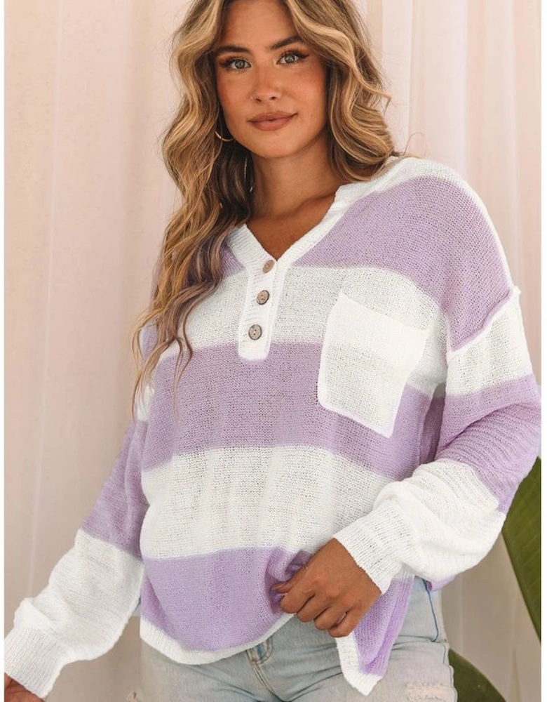Pink Striped Knit Button Ribbed Split Neck Sweater