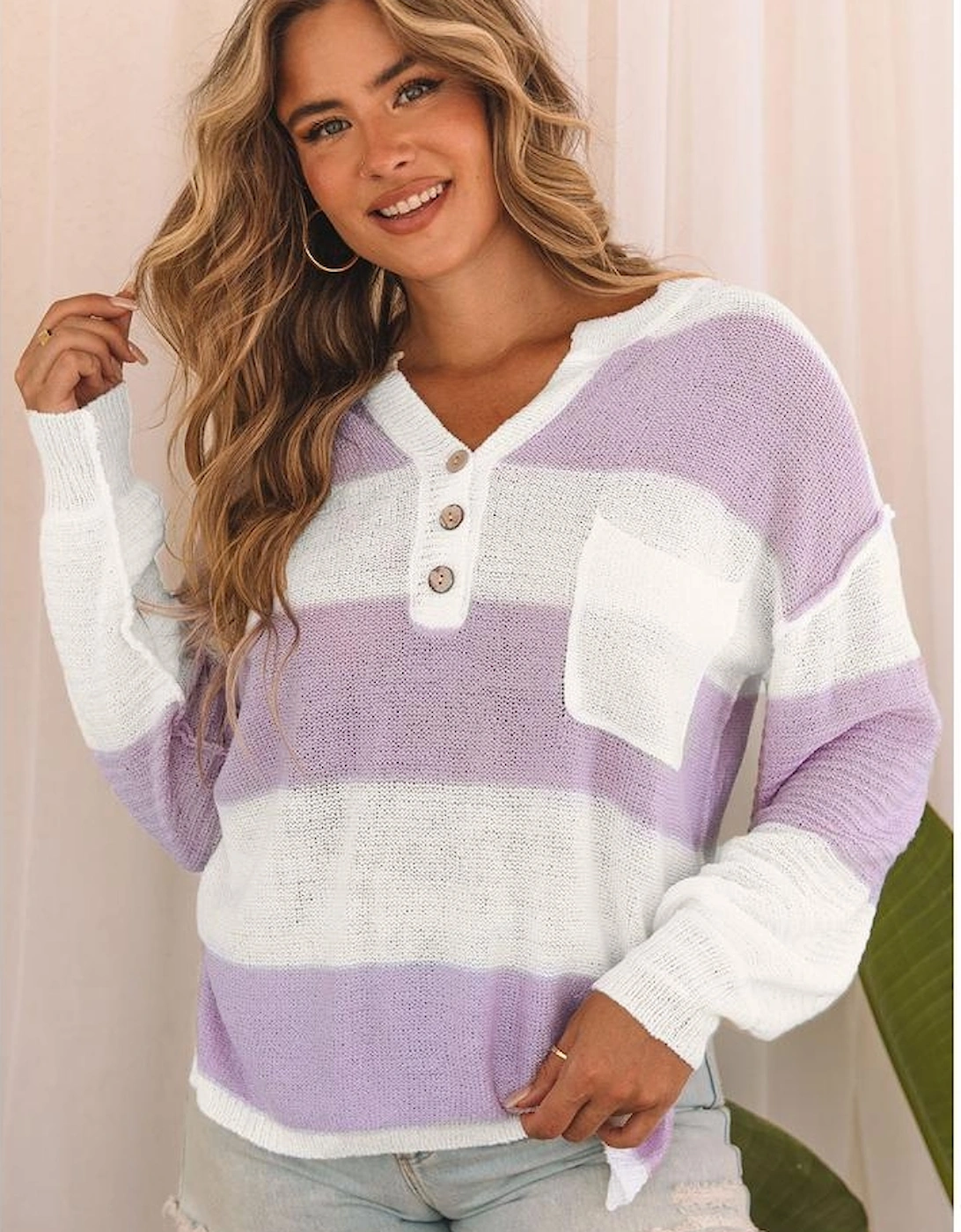 Pink Striped Knit Button Ribbed Split Neck Sweater