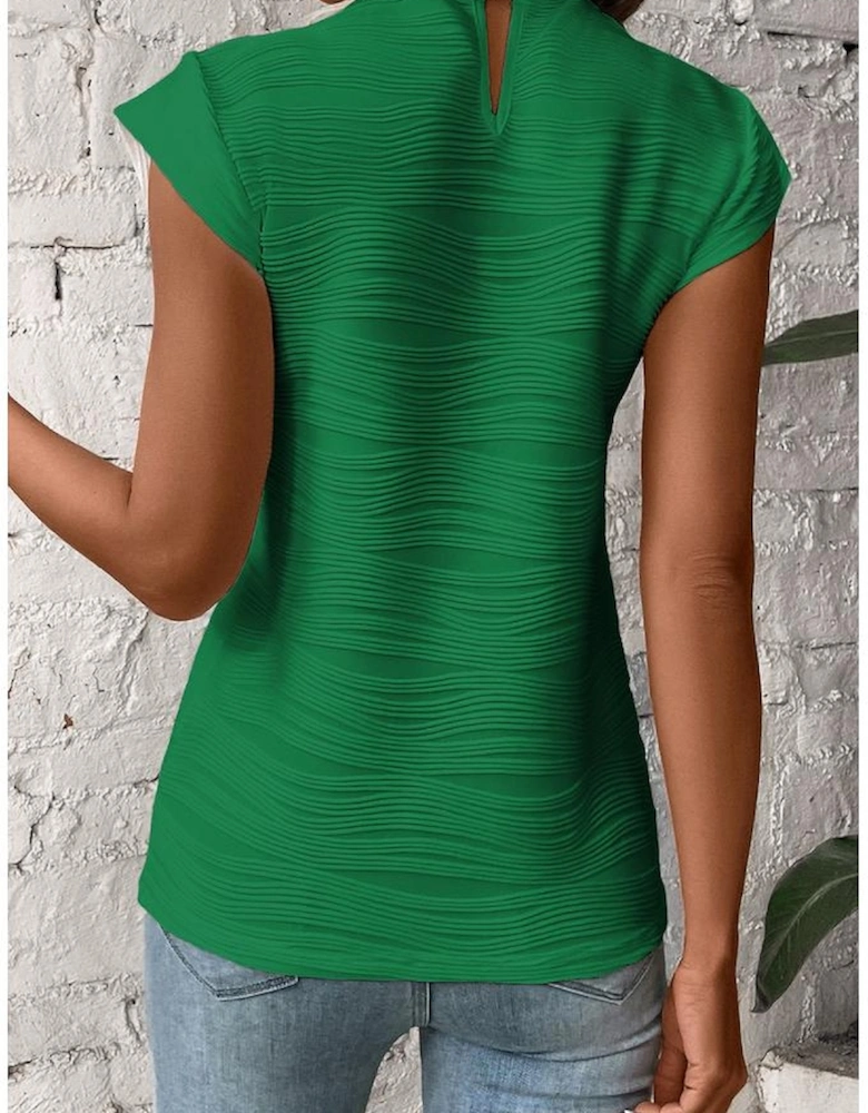 Dark Green Wavy Textured Mock Neck Cap Sleeve Top