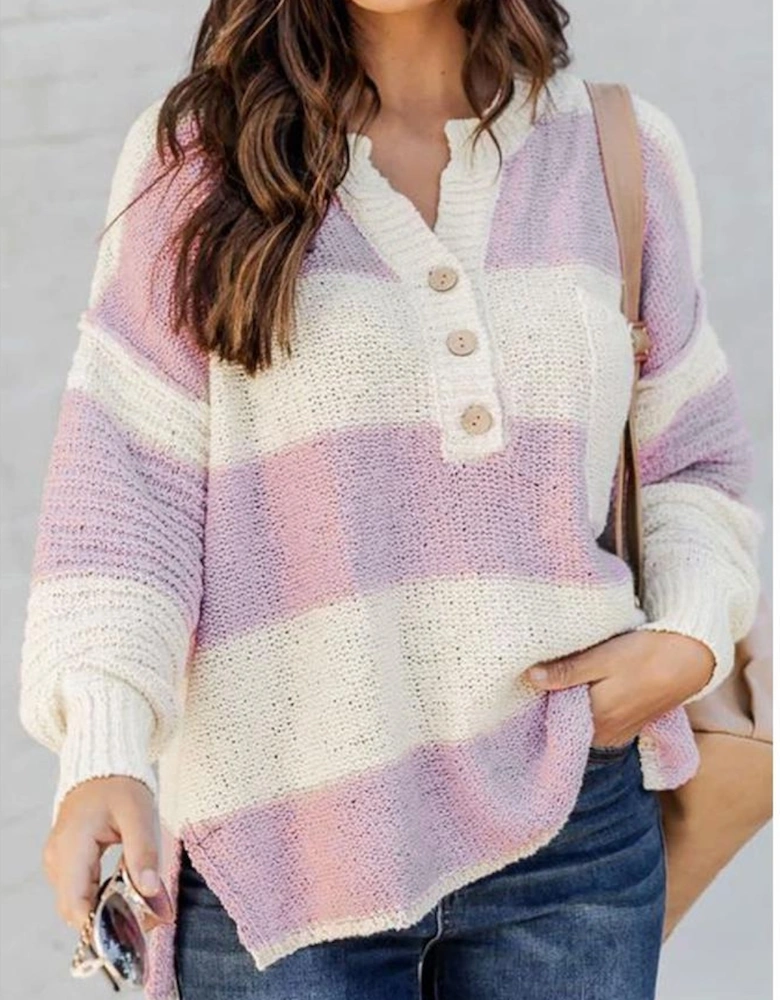 Pink Striped Knit Button Ribbed Split Neck Sweater