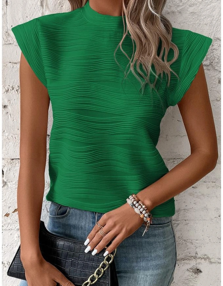 Dark Green Wavy Textured Mock Neck Cap Sleeve Top