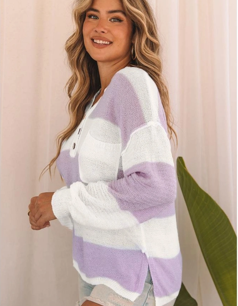 Pink Striped Knit Button Ribbed Split Neck Sweater