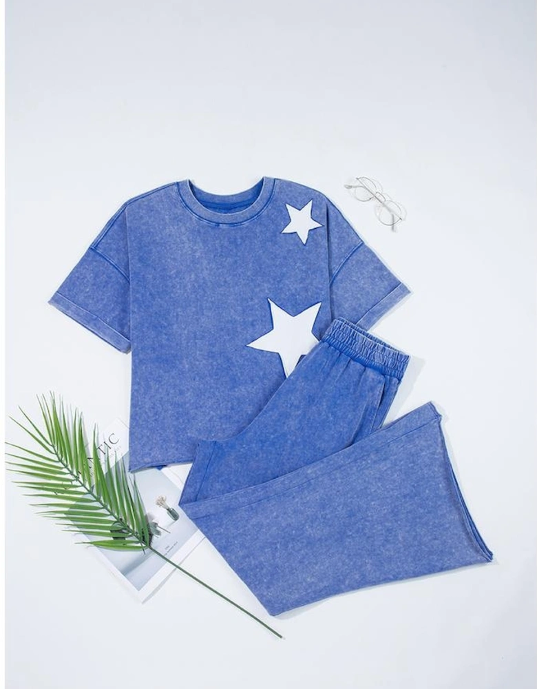 Ashleigh Blue Acid Wash Star Patched Rolled Trim Pants Set