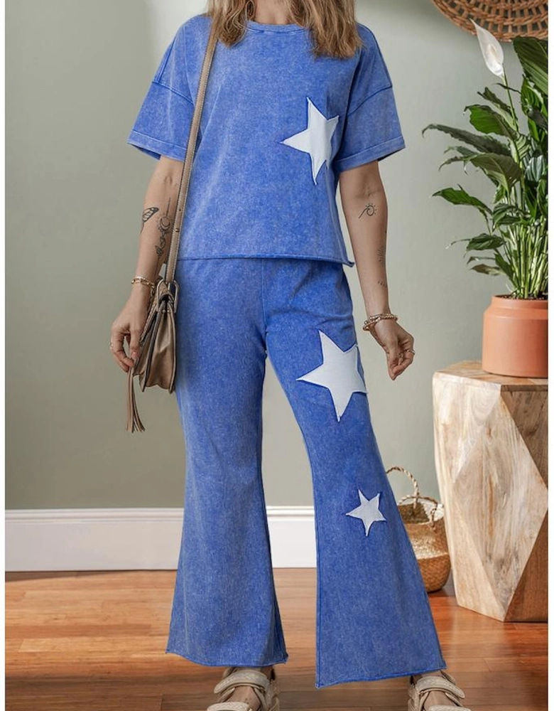 Ashleigh Blue Acid Wash Star Patched Rolled Trim Pants Set