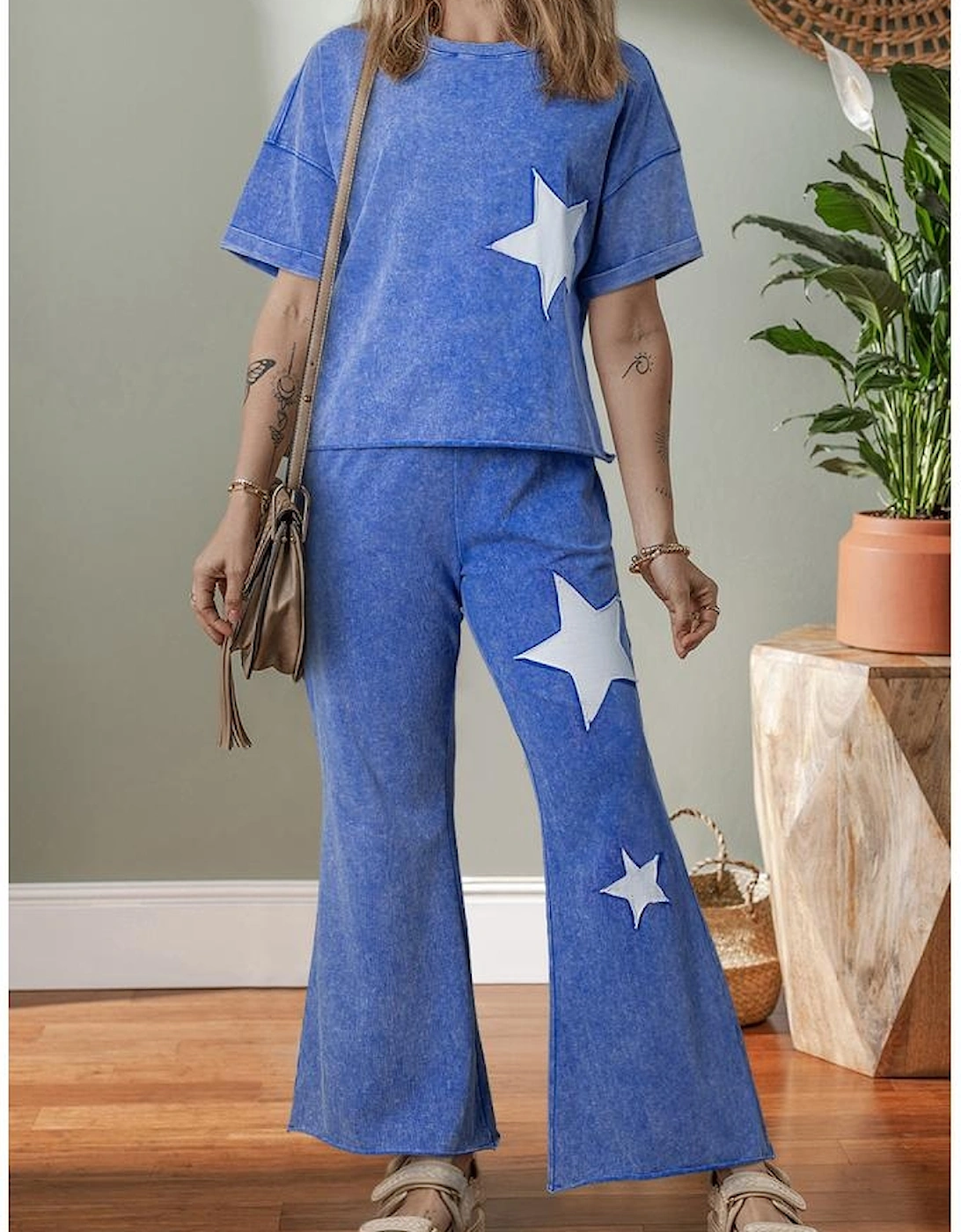 Ashleigh Blue Acid Wash Star Patched Rolled Trim Pants Set