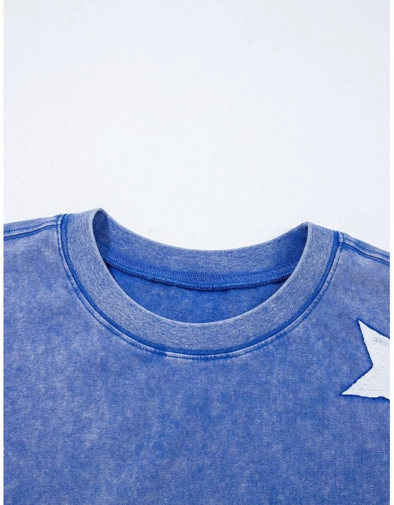 Ashleigh Blue Acid Wash Star Patched Rolled Trim Pants Set