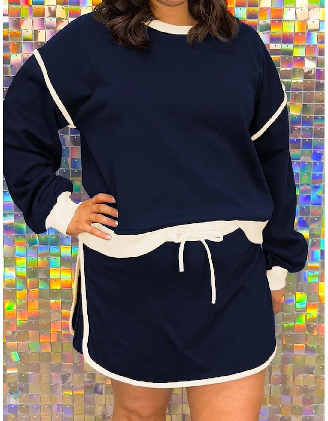 Navy Blue Plus Color Block Drop Shoulder Top and Lace-up Skirt Outfit