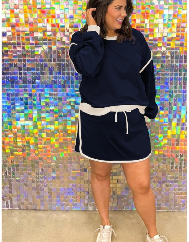 Navy Blue Plus Color Block Drop Shoulder Top and Lace-up Skirt Outfit