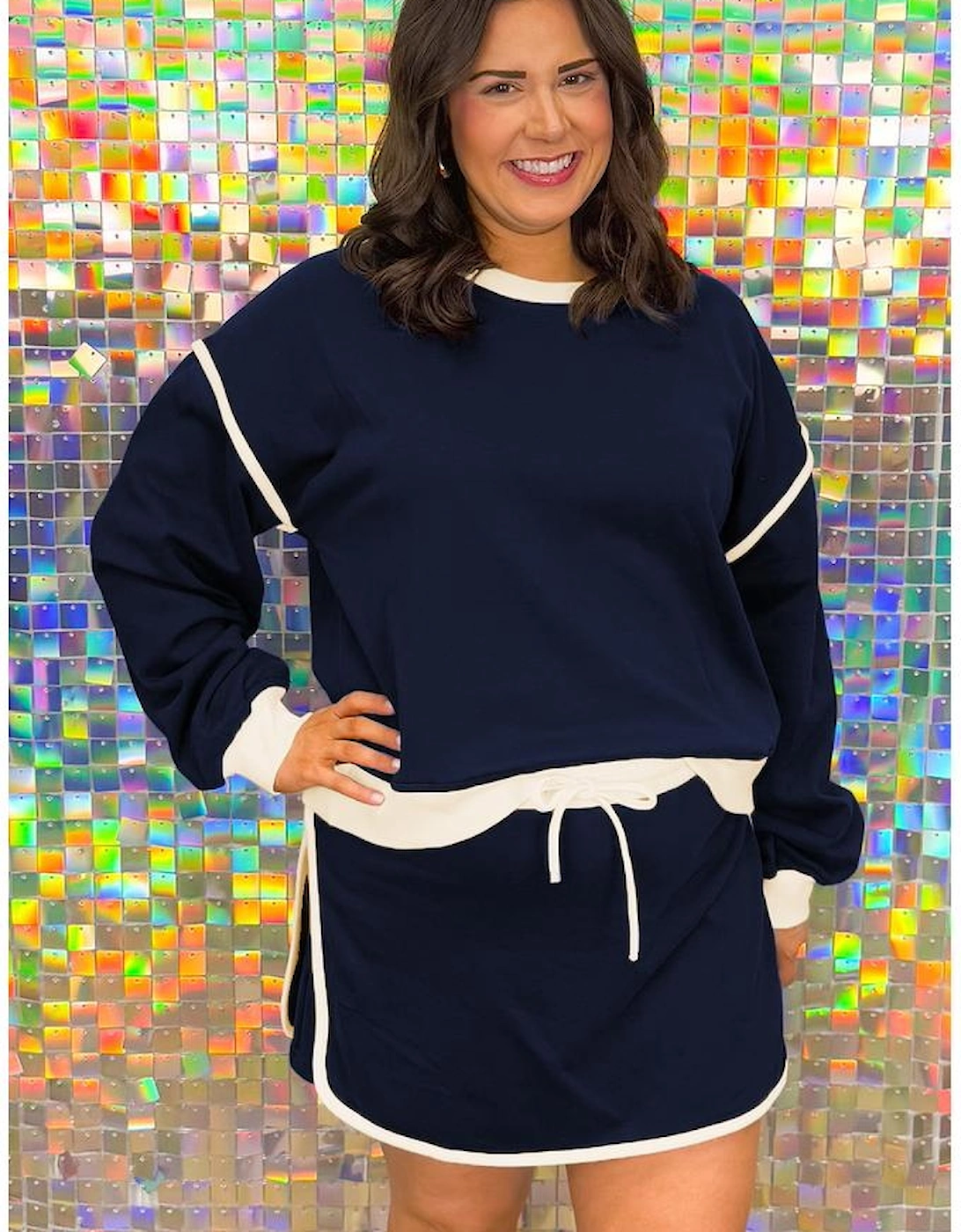 Navy Blue Plus Color Block Drop Shoulder Top and Lace-up Skirt Outfit