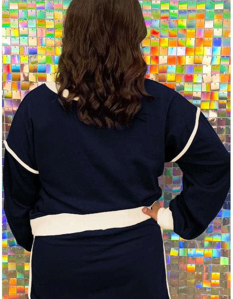 Navy Blue Plus Color Block Drop Shoulder Top and Lace-up Skirt Outfit