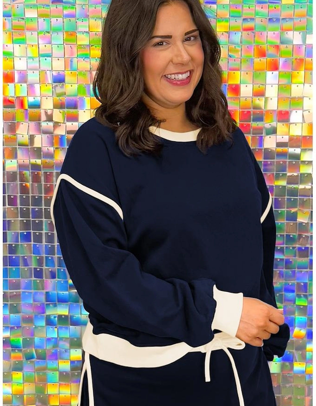 Navy Blue Plus Color Block Drop Shoulder Top and Lace-up Skirt Outfit