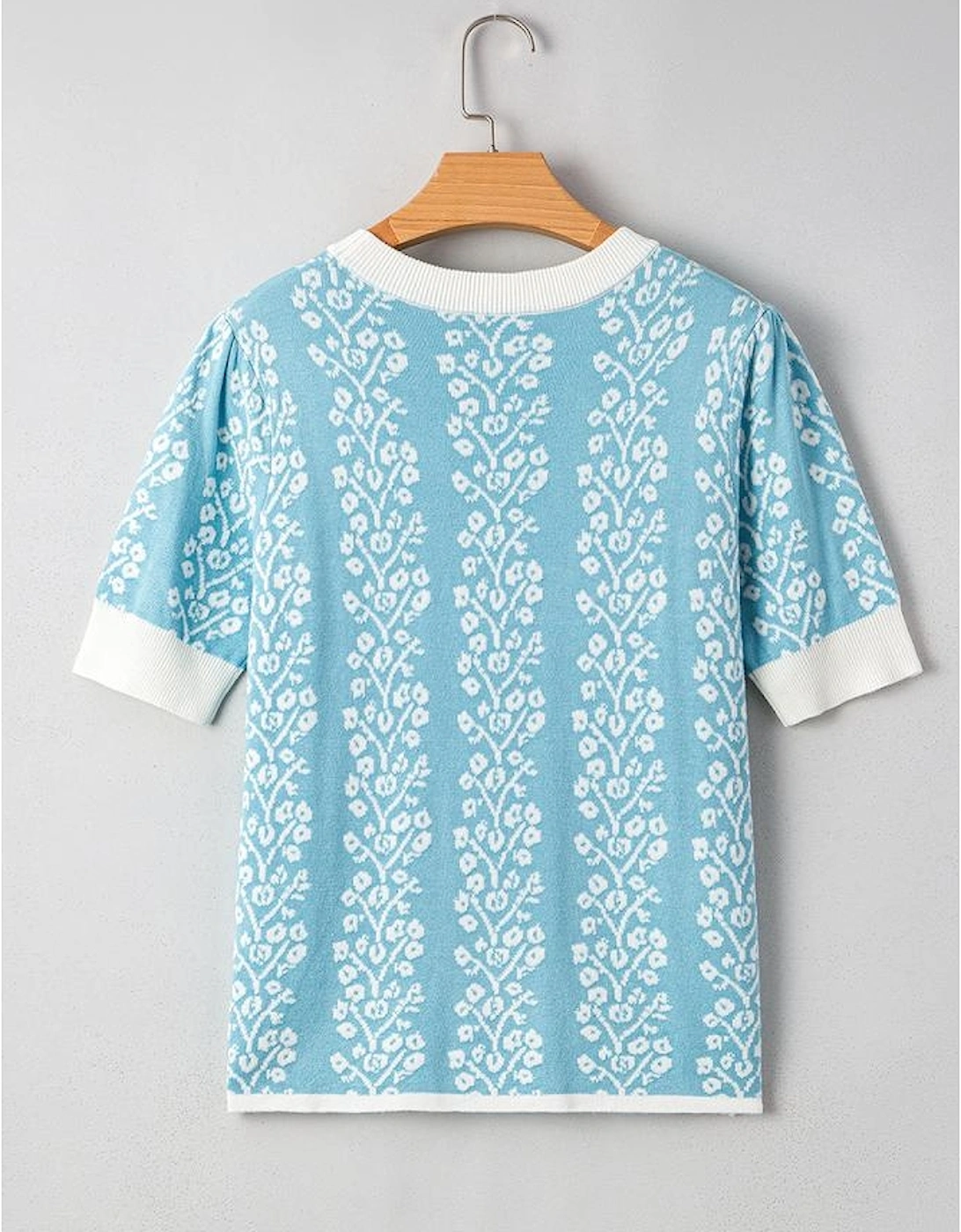 Sky Blue Contrast Floral Crewneck Short Sleeve Sweater