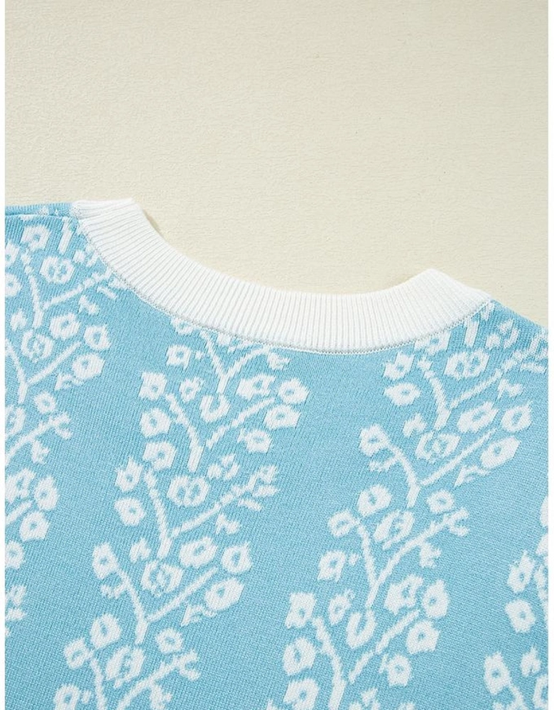 Sky Blue Contrast Floral Crewneck Short Sleeve Sweater