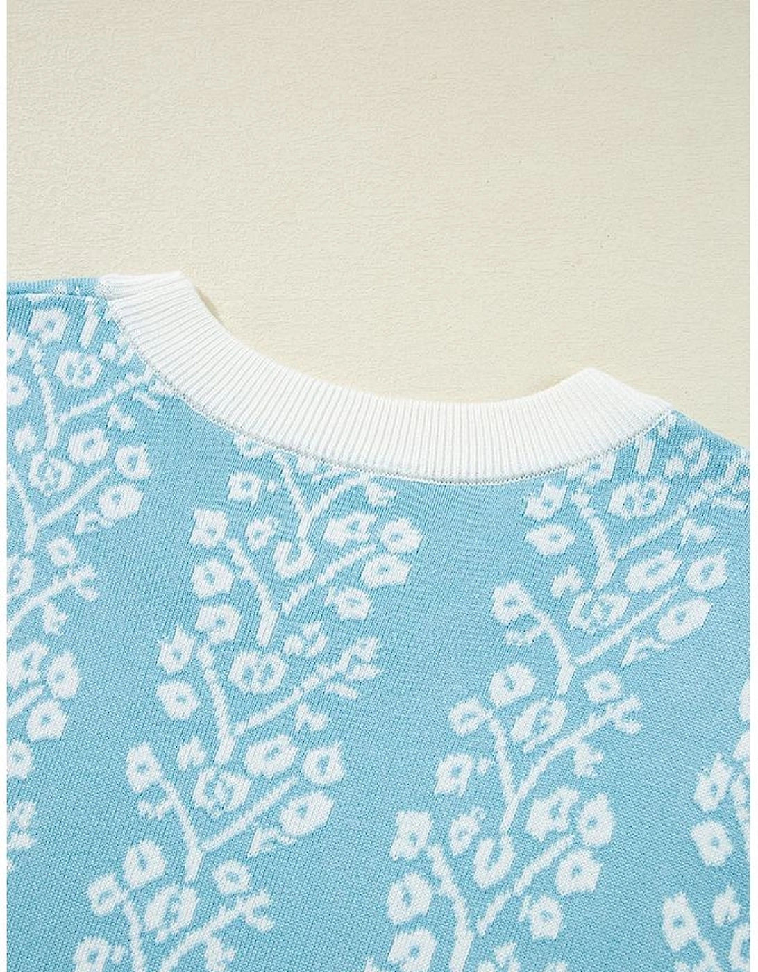 Sky Blue Contrast Floral Crewneck Short Sleeve Sweater