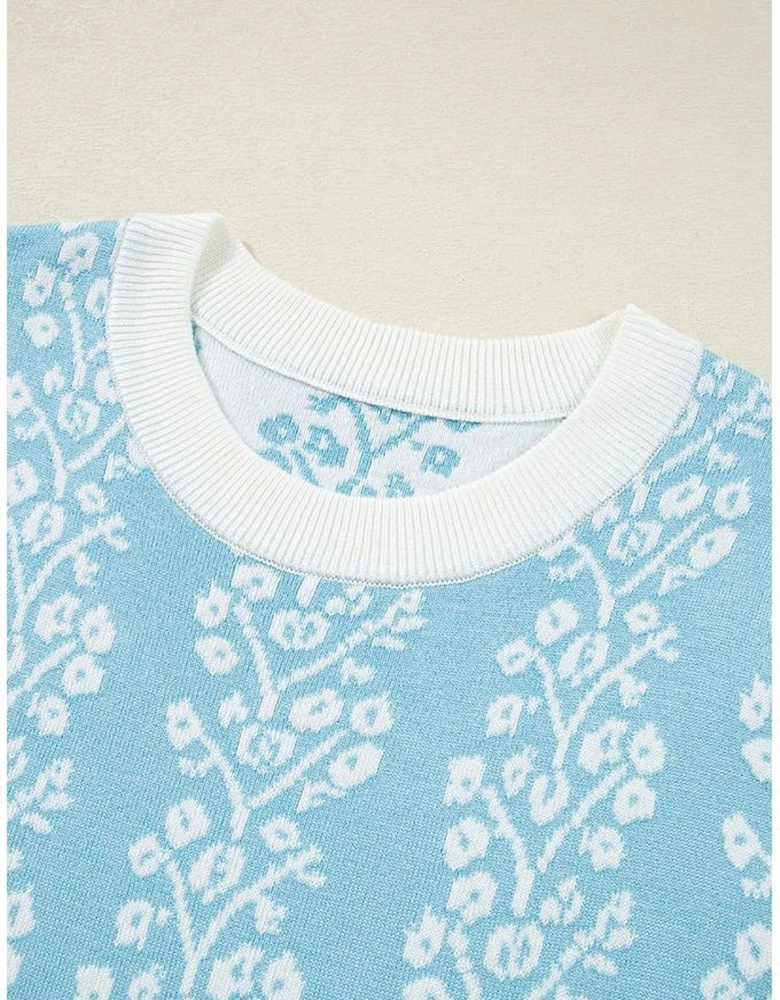 Sky Blue Contrast Floral Crewneck Short Sleeve Sweater