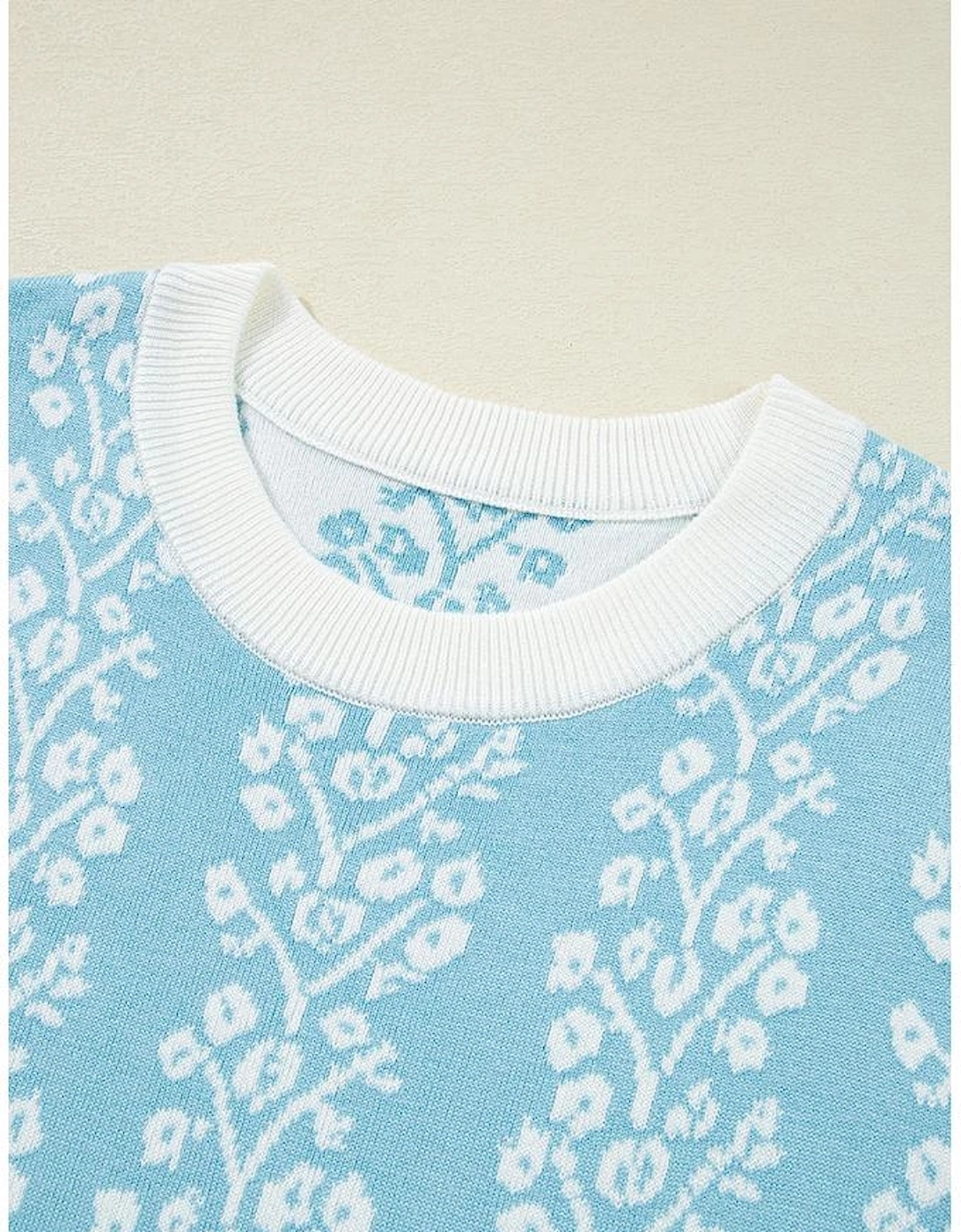 Sky Blue Contrast Floral Crewneck Short Sleeve Sweater