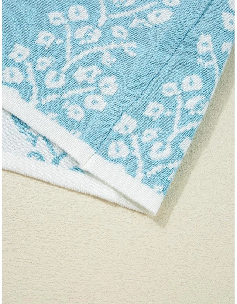 Sky Blue Contrast Floral Crewneck Short Sleeve Sweater