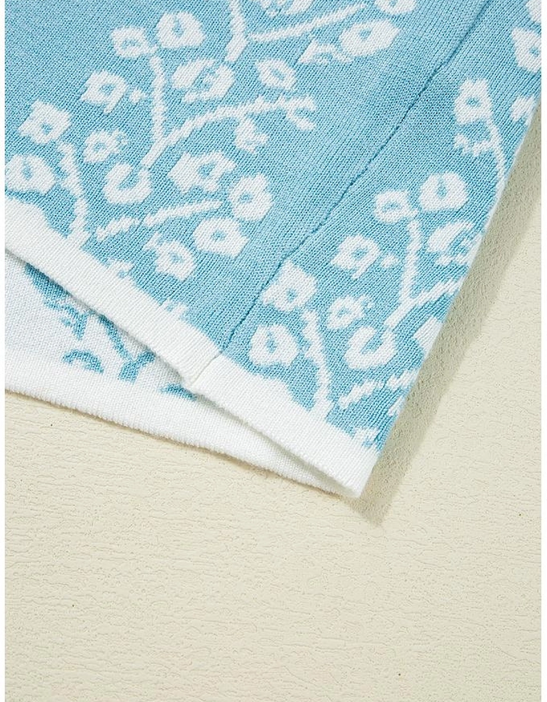 Sky Blue Contrast Floral Crewneck Short Sleeve Sweater