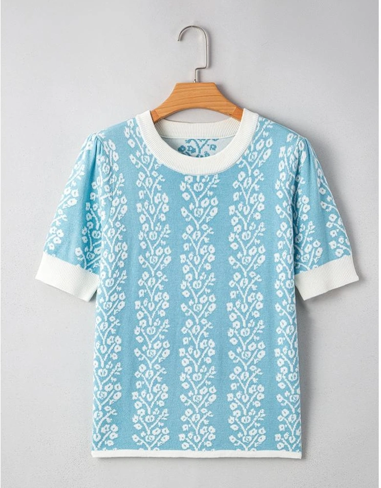 Sky Blue Contrast Floral Crewneck Short Sleeve Sweater