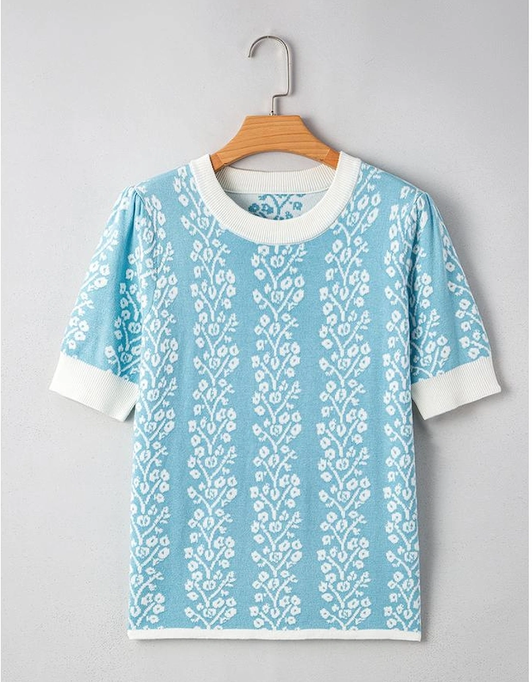 Sky Blue Contrast Floral Crewneck Short Sleeve Sweater, 10 of 9