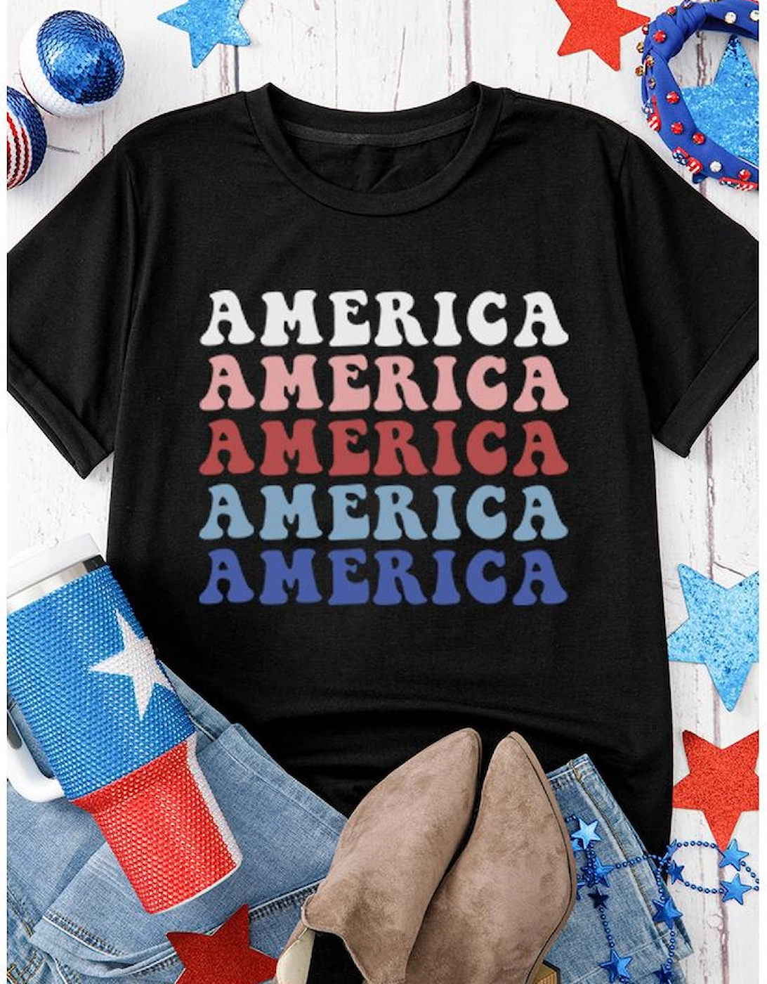 Black Colorful AMERICA Print Crewneck Patriotic T Shirt, 6 of 5