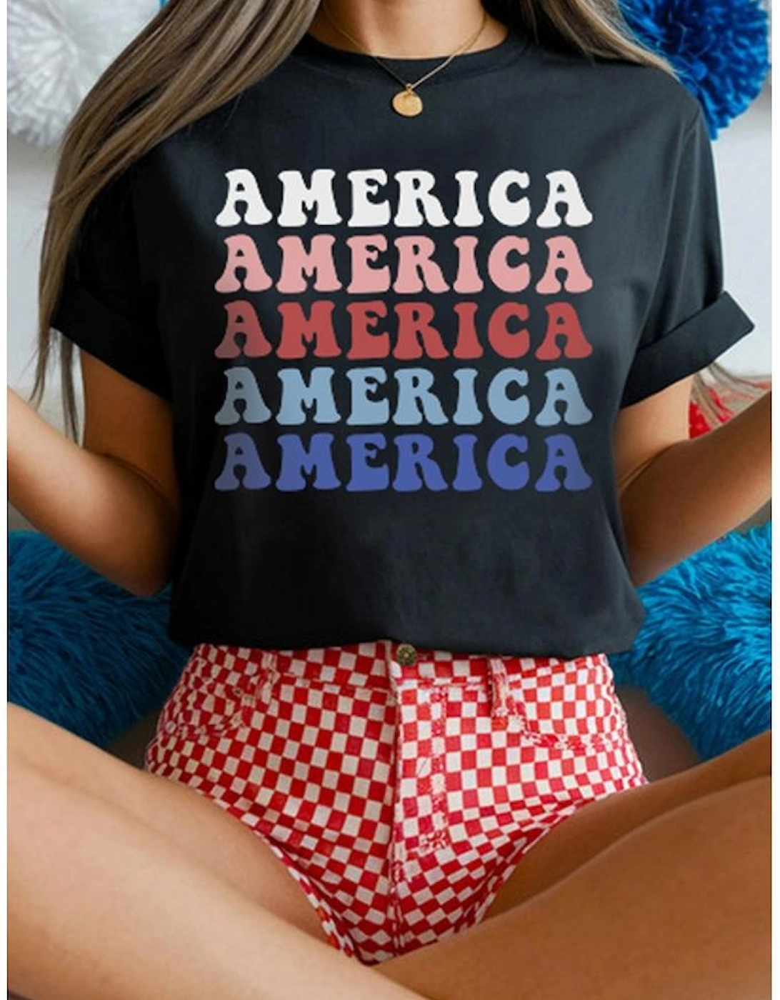 Black Colorful AMERICA Print Crewneck Patriotic T Shirt
