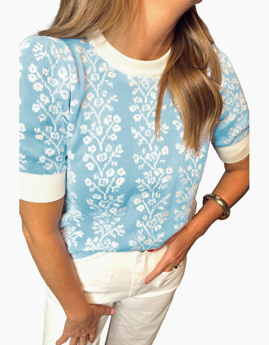 Sky Blue Contrast Floral Crewneck Short Sleeve Sweater