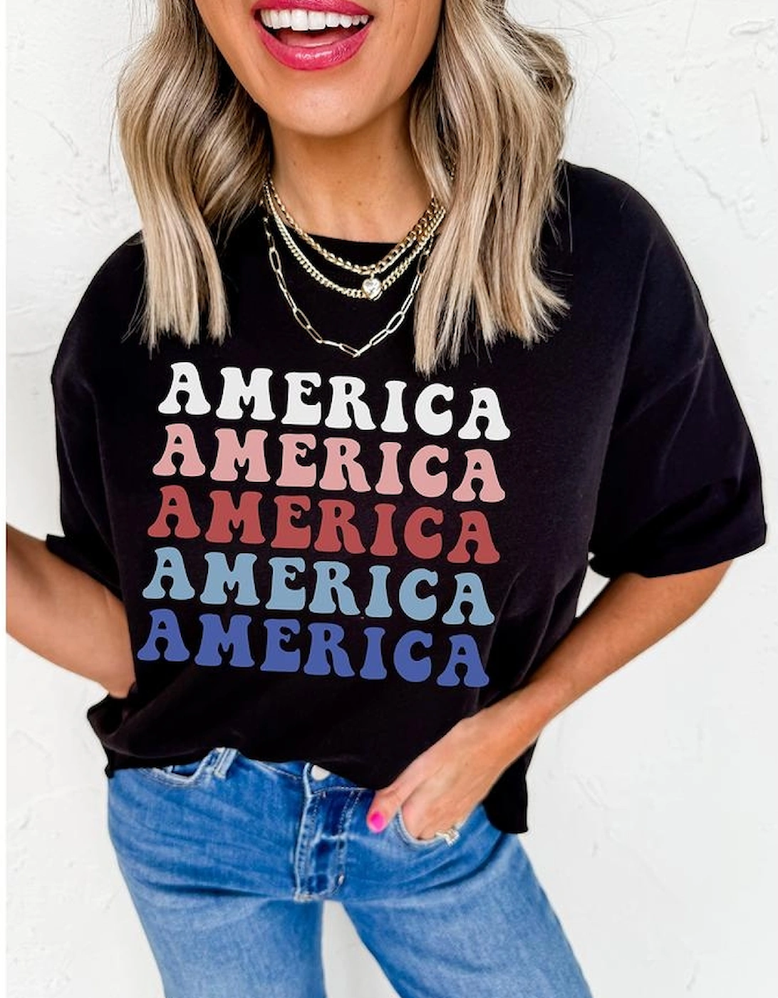 Black Colorful AMERICA Print Crewneck Patriotic T Shirt