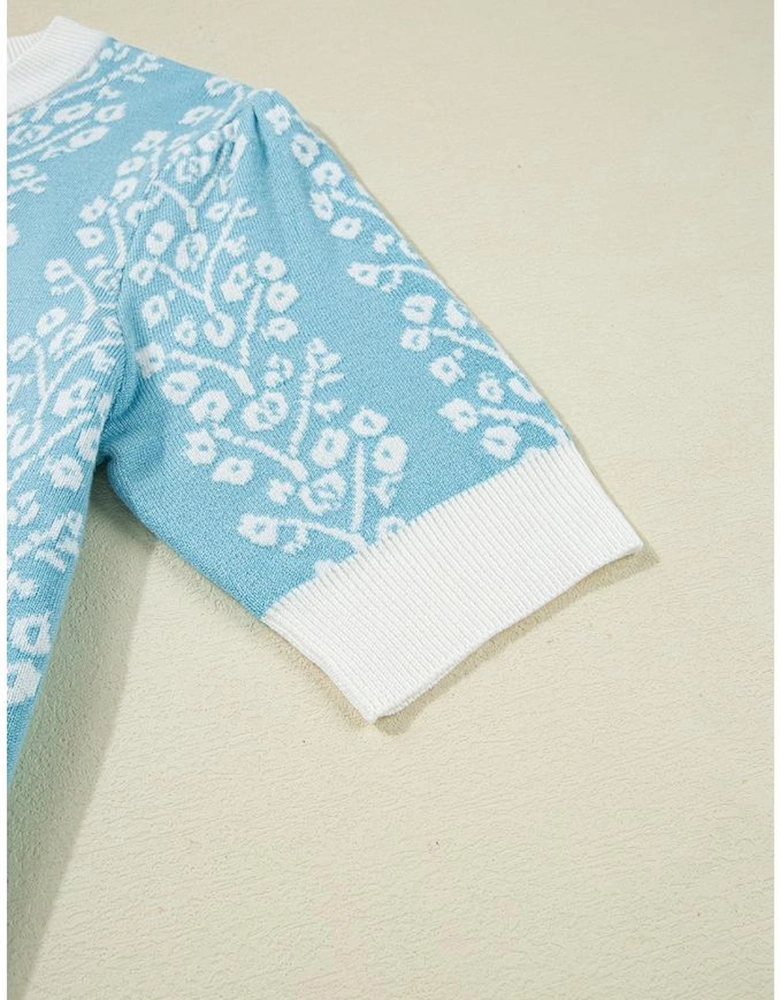 Sky Blue Contrast Floral Crewneck Short Sleeve Sweater