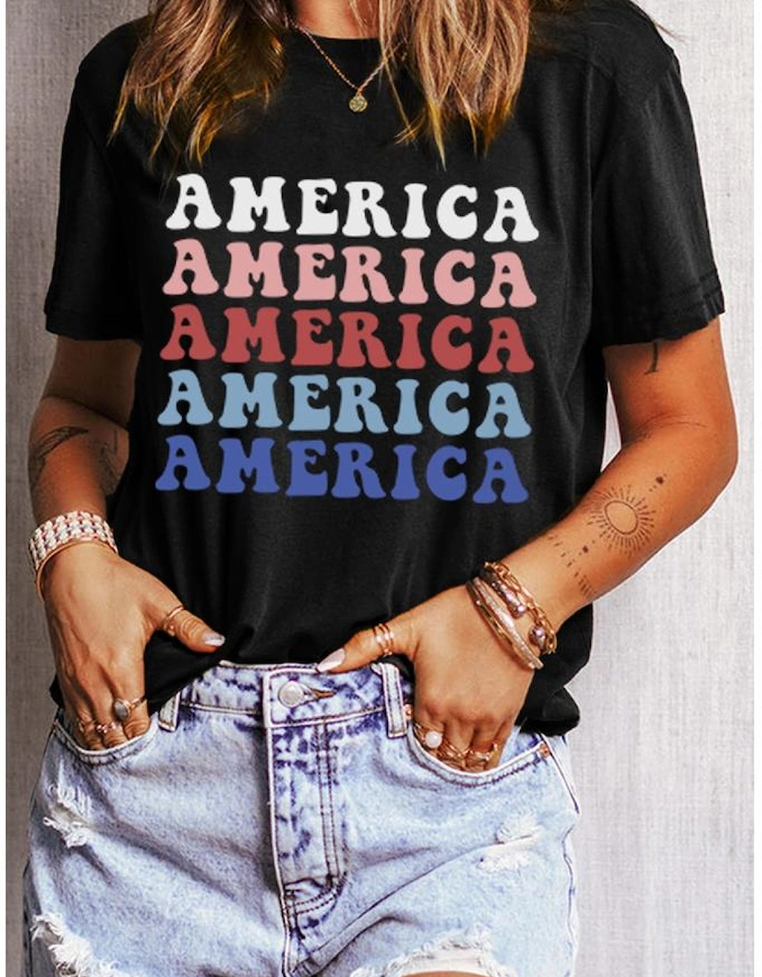Black Colorful AMERICA Print Crewneck Patriotic T Shirt