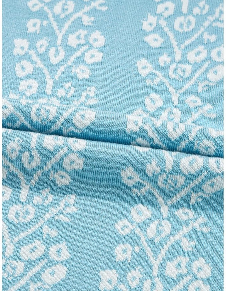 Sky Blue Contrast Floral Crewneck Short Sleeve Sweater