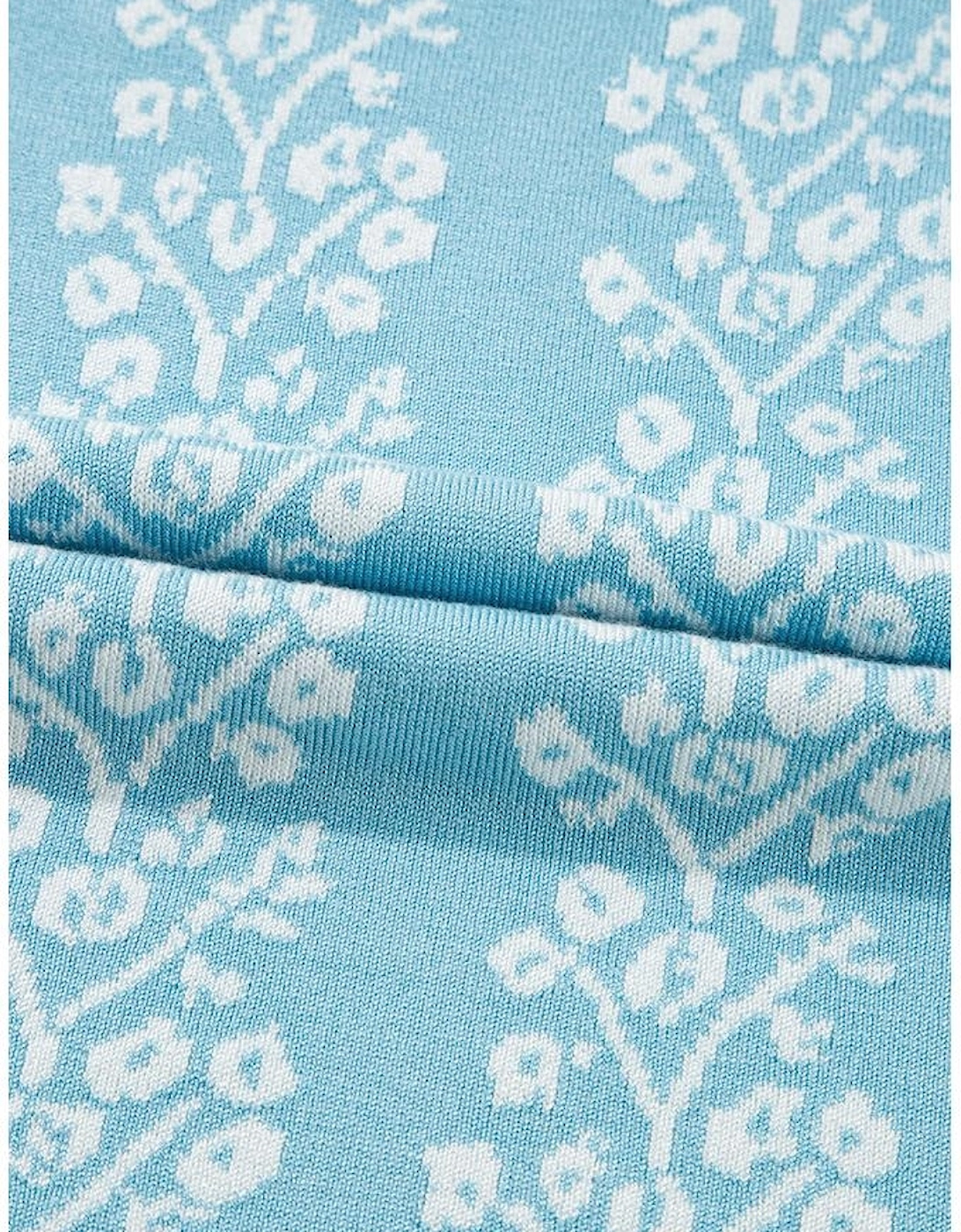 Sky Blue Contrast Floral Crewneck Short Sleeve Sweater