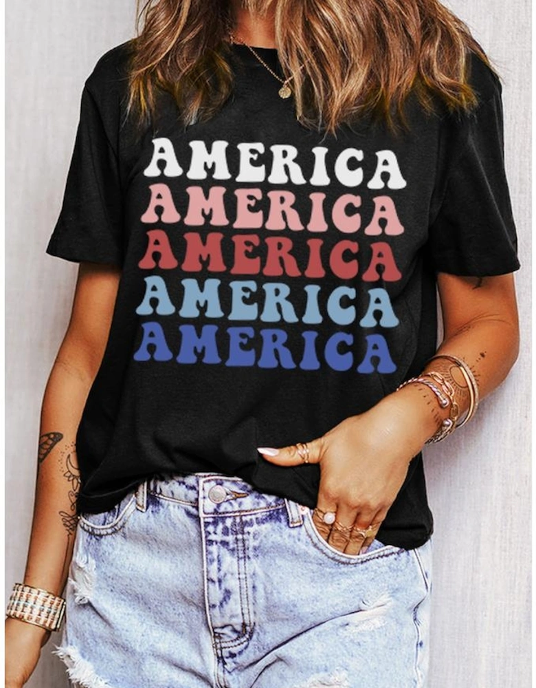 Black Colorful AMERICA Print Crewneck Patriotic T Shirt