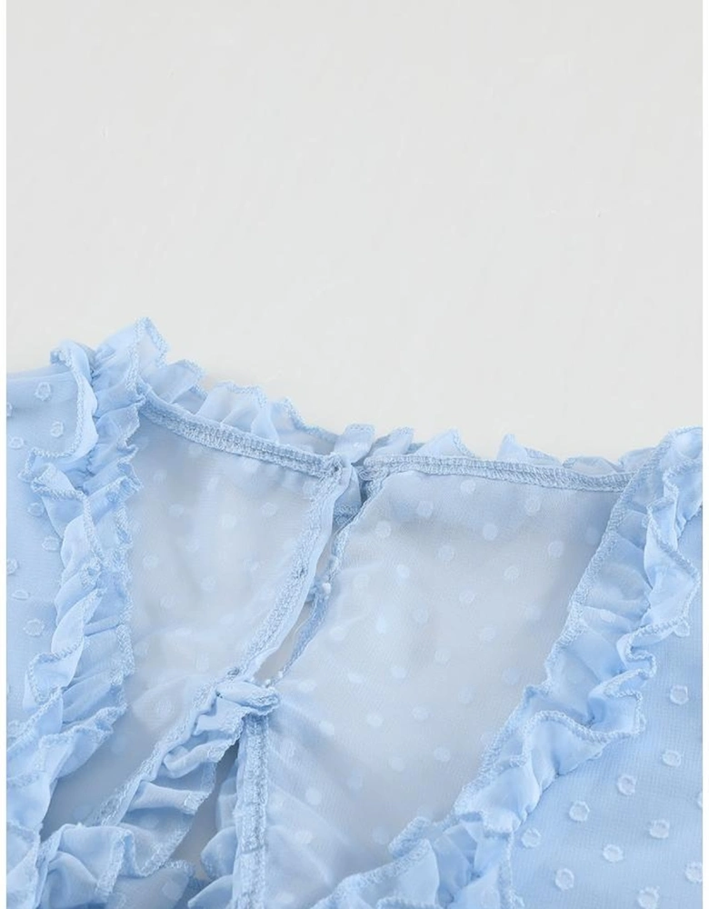 Sky Blue Layered Ruffled Open Back Puff Sleeve Swiss Dot Mini Dress