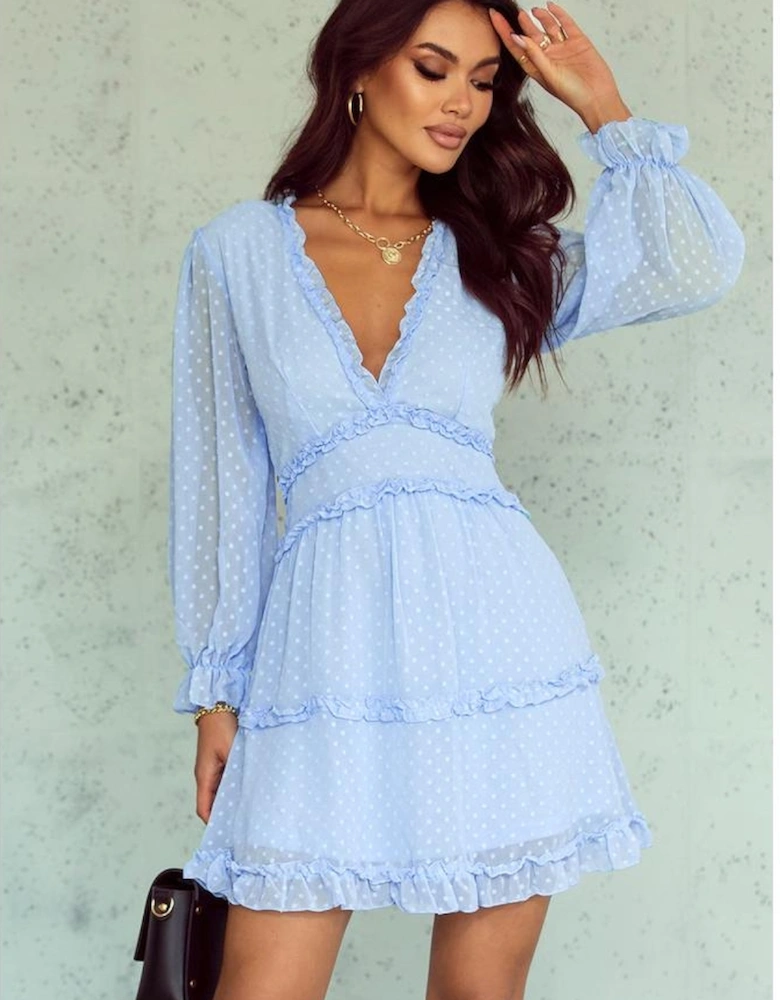 Sky Blue Layered Ruffled Open Back Puff Sleeve Swiss Dot Mini Dress