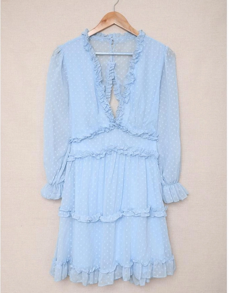 Sky Blue Layered Ruffled Open Back Puff Sleeve Swiss Dot Mini Dress