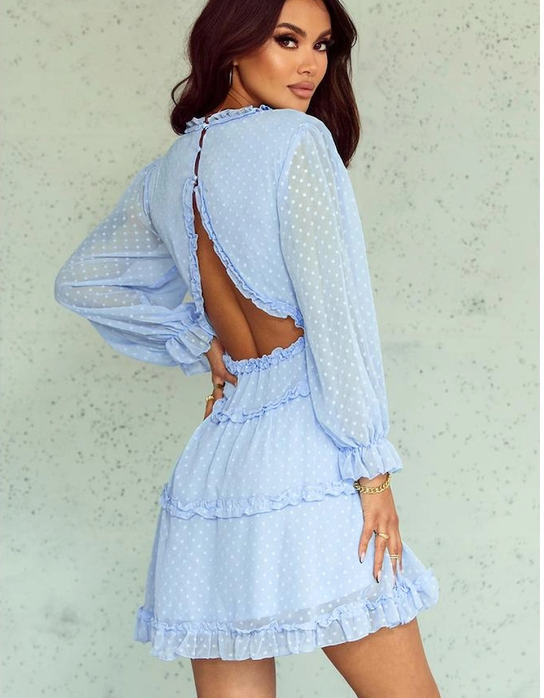 Sky Blue Layered Ruffled Open Back Puff Sleeve Swiss Dot Mini Dress