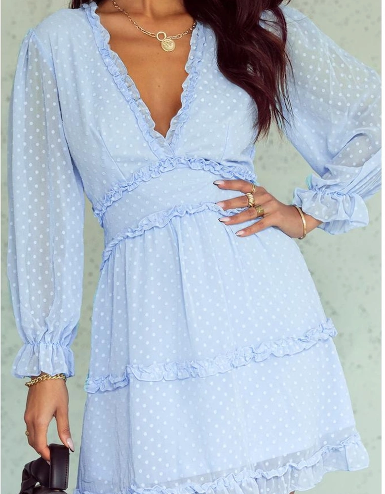 Sky Blue Layered Ruffled Open Back Puff Sleeve Swiss Dot Mini Dress