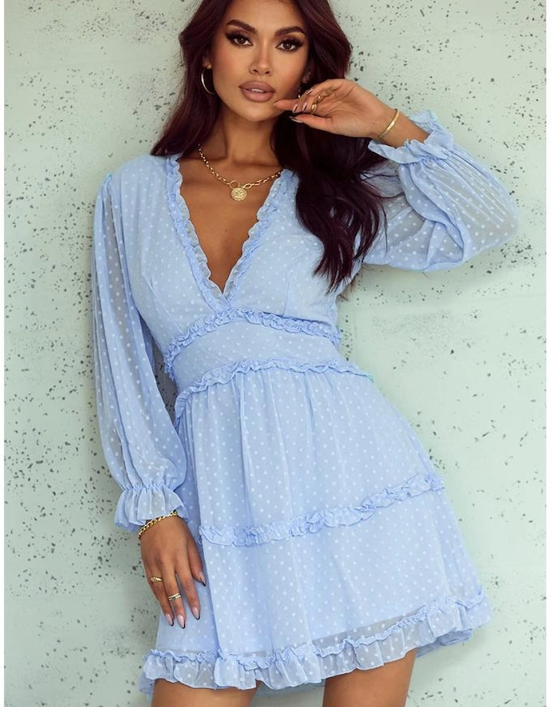 Sky Blue Layered Ruffled Open Back Puff Sleeve Swiss Dot Mini Dress
