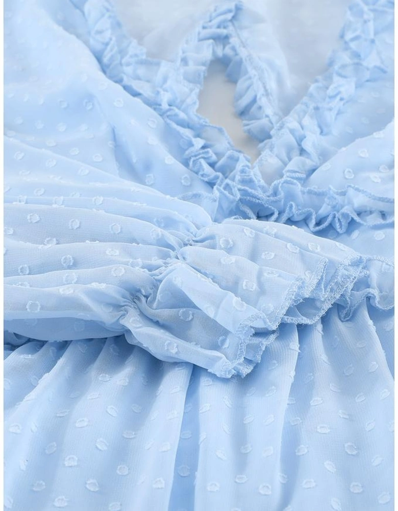 Sky Blue Layered Ruffled Open Back Puff Sleeve Swiss Dot Mini Dress