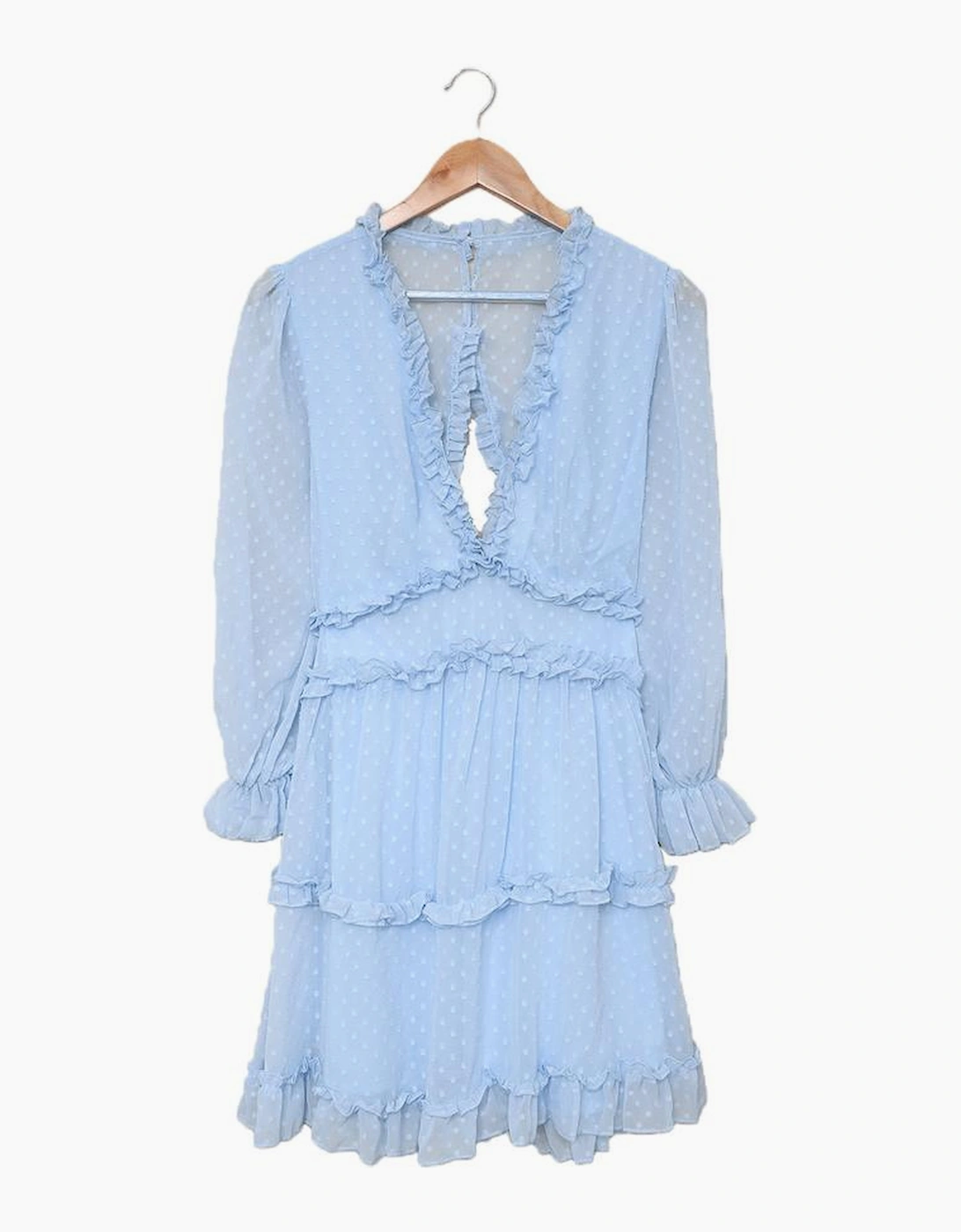Sky Blue Layered Ruffled Open Back Puff Sleeve Swiss Dot Mini Dress