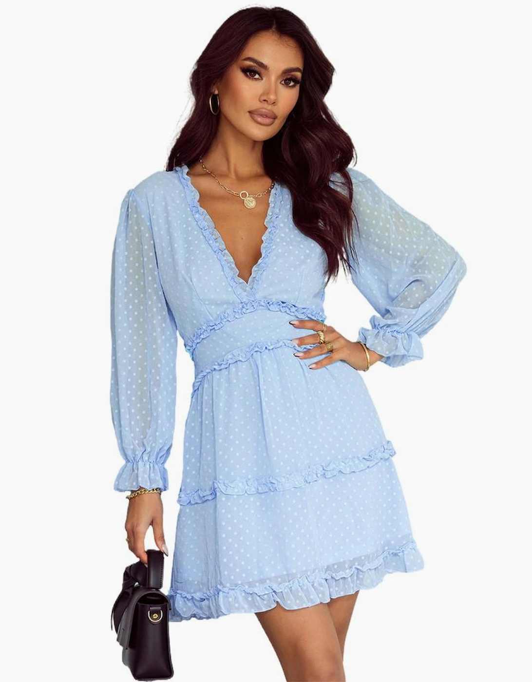 Sky Blue Layered Ruffled Open Back Puff Sleeve Swiss Dot Mini Dress