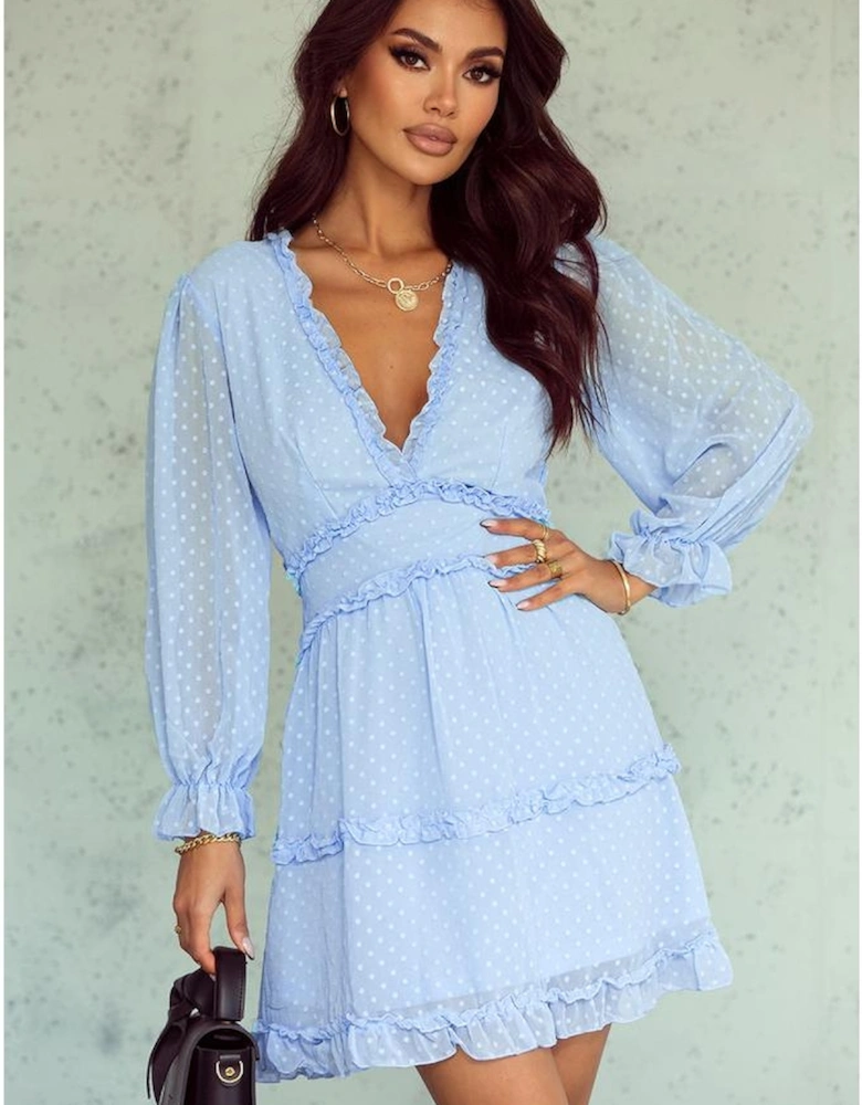 Sky Blue Layered Ruffled Open Back Puff Sleeve Swiss Dot Mini Dress