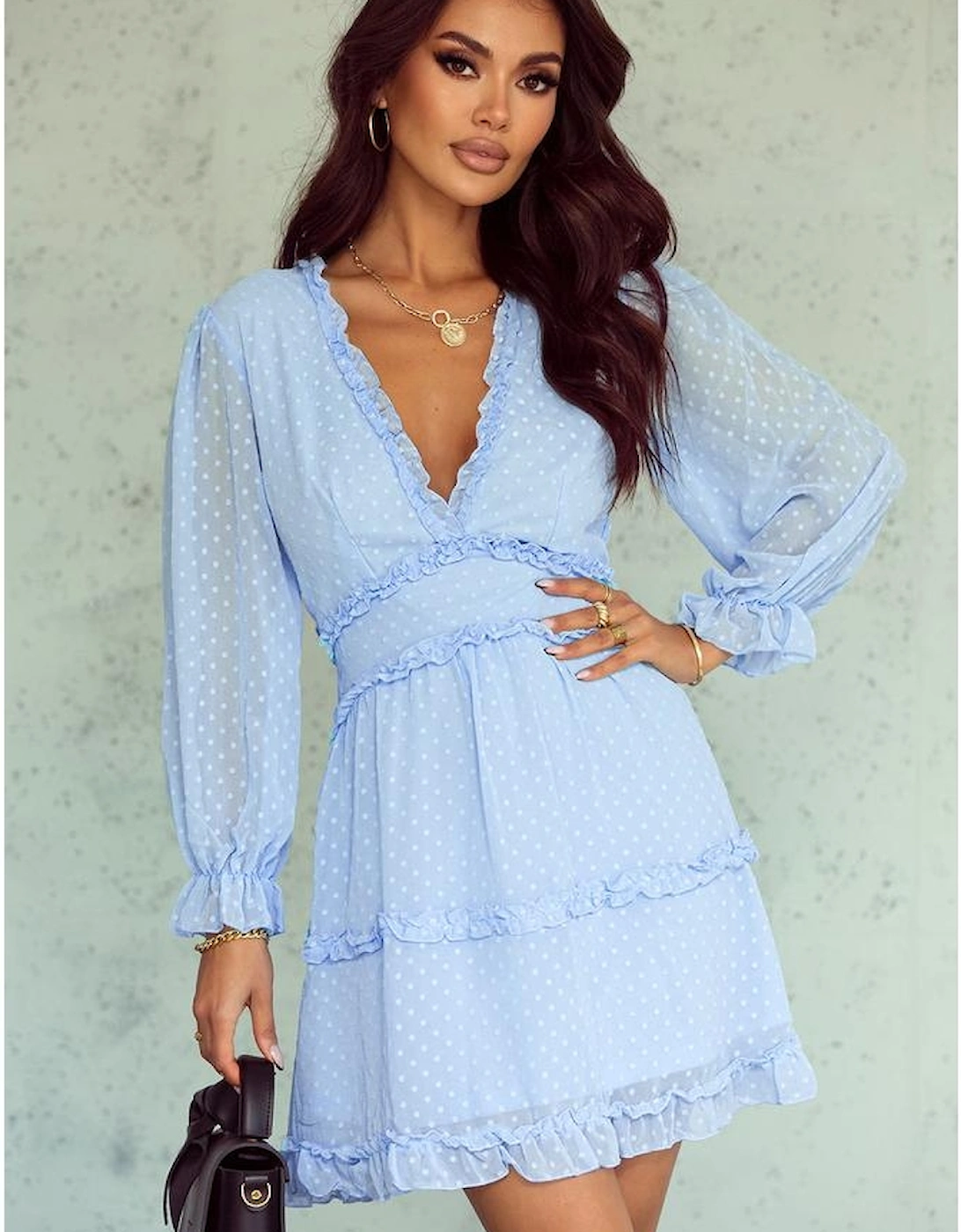 Sky Blue Layered Ruffled Open Back Puff Sleeve Swiss Dot Mini Dress