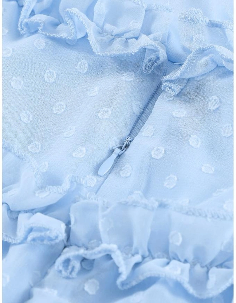 Sky Blue Layered Ruffled Open Back Puff Sleeve Swiss Dot Mini Dress