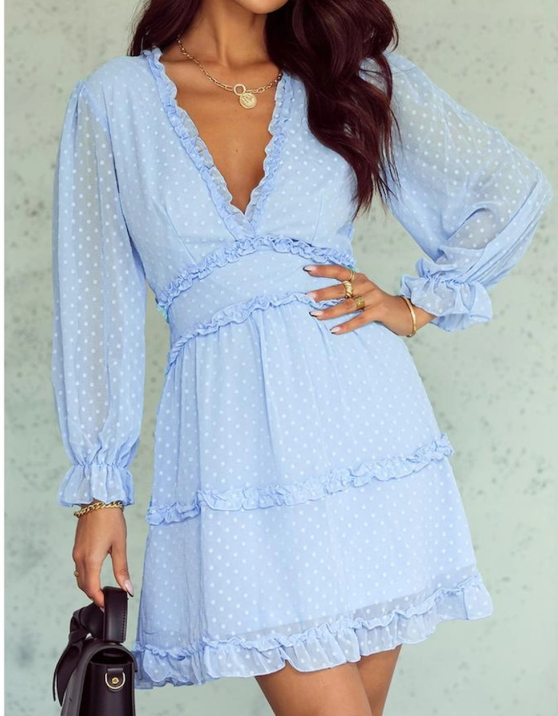 Sky Blue Layered Ruffled Open Back Puff Sleeve Swiss Dot Mini Dress