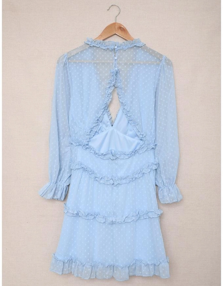 Sky Blue Layered Ruffled Open Back Puff Sleeve Swiss Dot Mini Dress