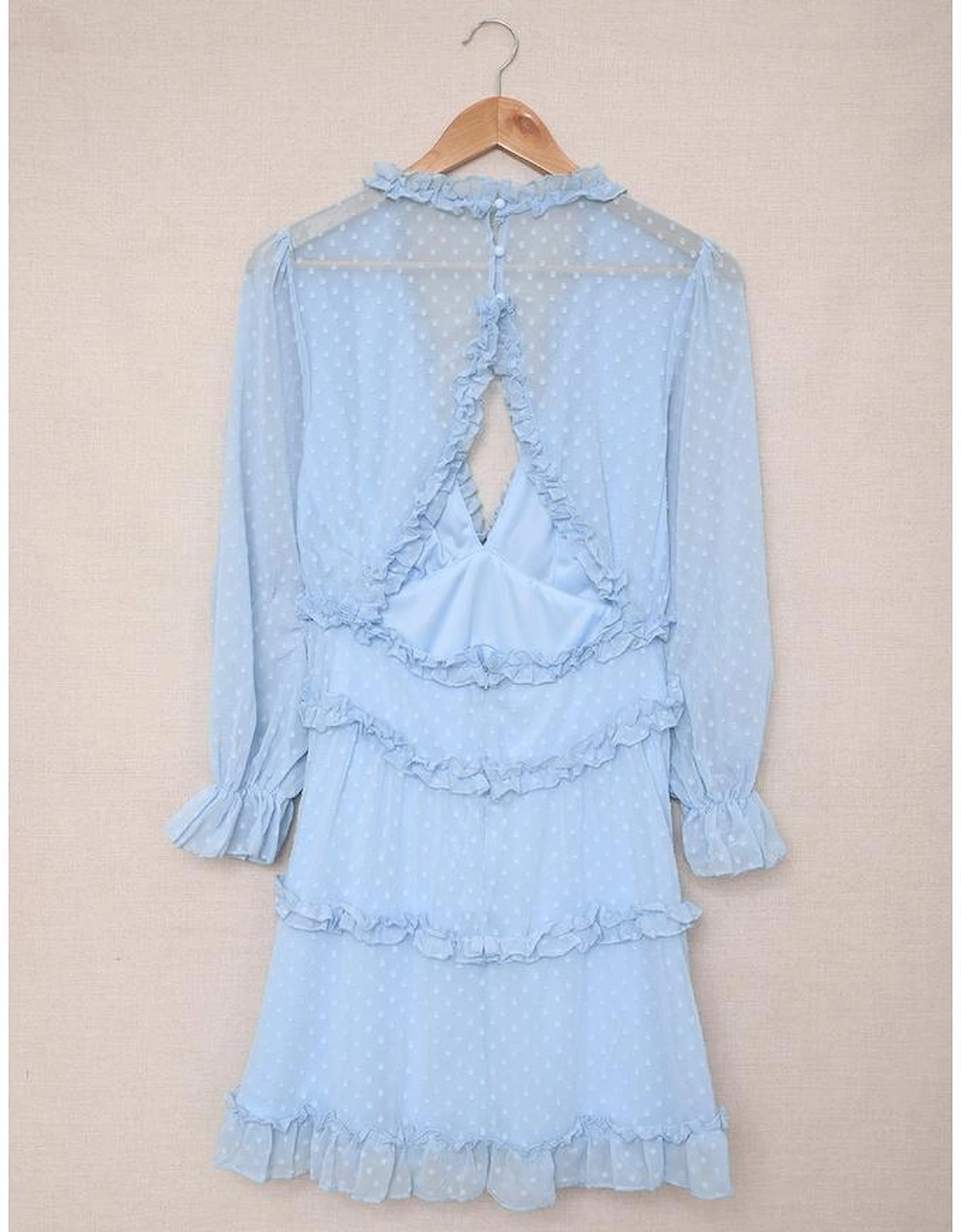 Sky Blue Layered Ruffled Open Back Puff Sleeve Swiss Dot Mini Dress